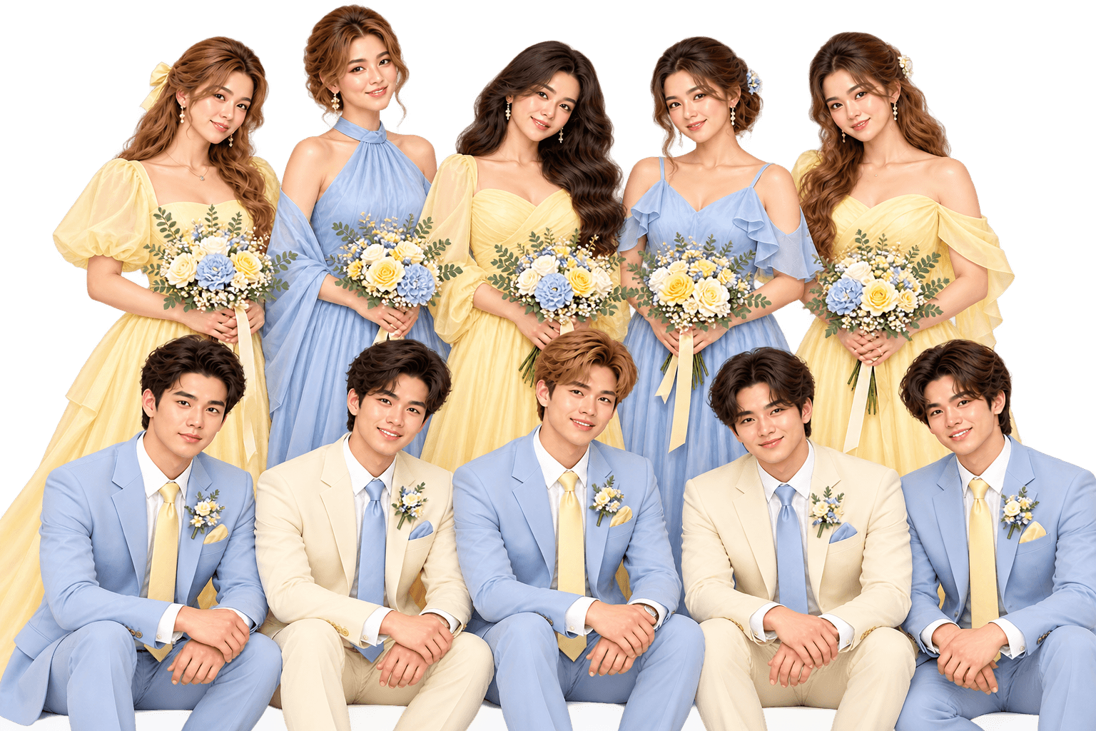 Entourage in butter yellow, pastel blue and cream — attire guide